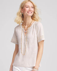 Linen Lace-Cutwork Sleeve Henley Tee River Rock - Chico's