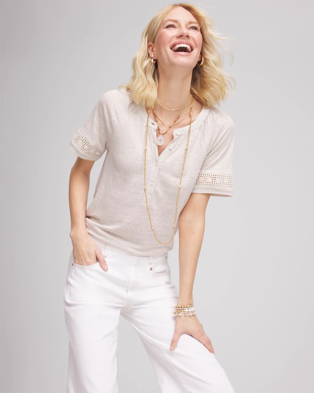 Linen Lace-Cutwork Sleeve Henley Tee River Rock - Chico's