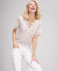 Linen Lace-Cutwork Sleeve Henley Tee River Rock - Chico's