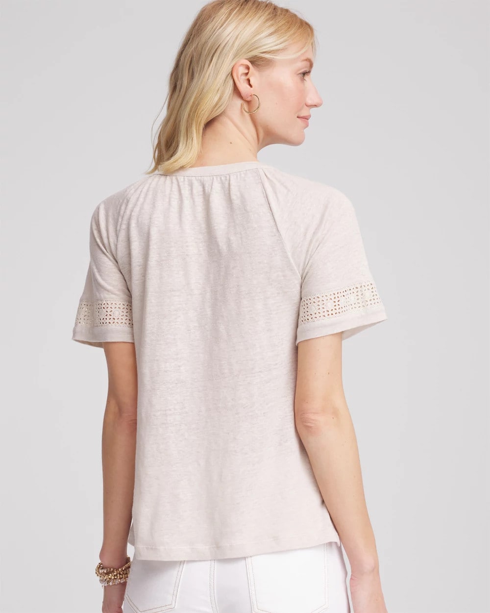 Linen Lace-Cutwork Sleeve Henley Tee River Rock - Chico's