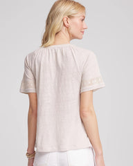 Linen Lace-Cutwork Sleeve Henley Tee River Rock - Chico's