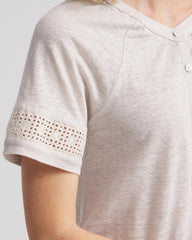 Linen Lace-Cutwork Sleeve Henley Tee River Rock - Chico's