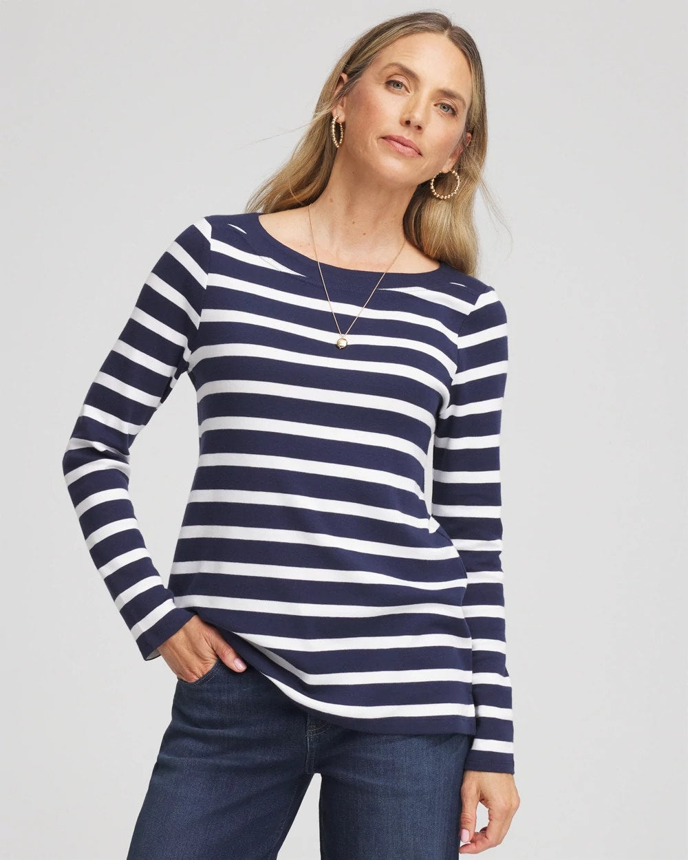 Stretch Cotton Boatneck Tunic Passport Blue - Chico's