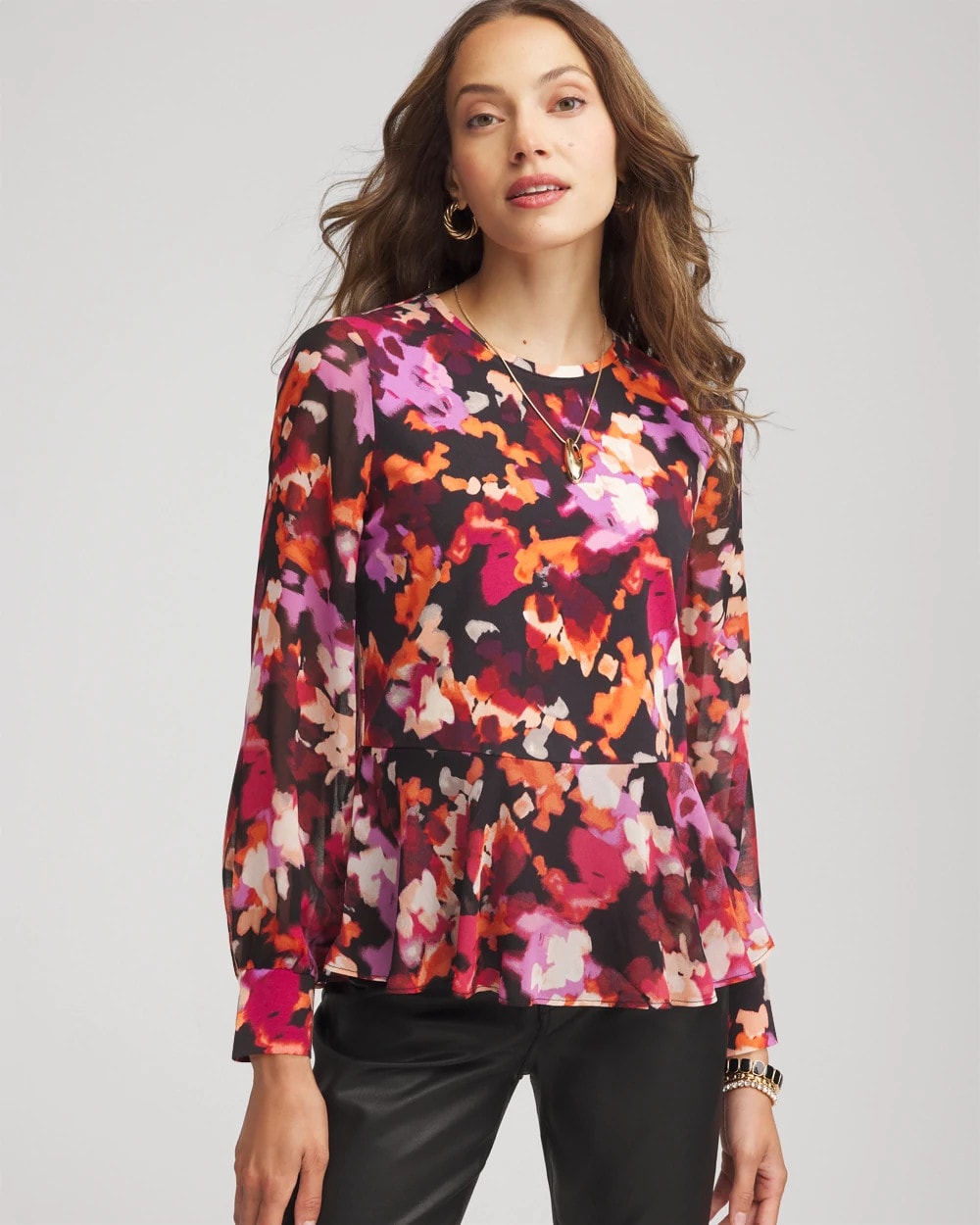 Printed Chiffon Peplum Top Black - Chico's