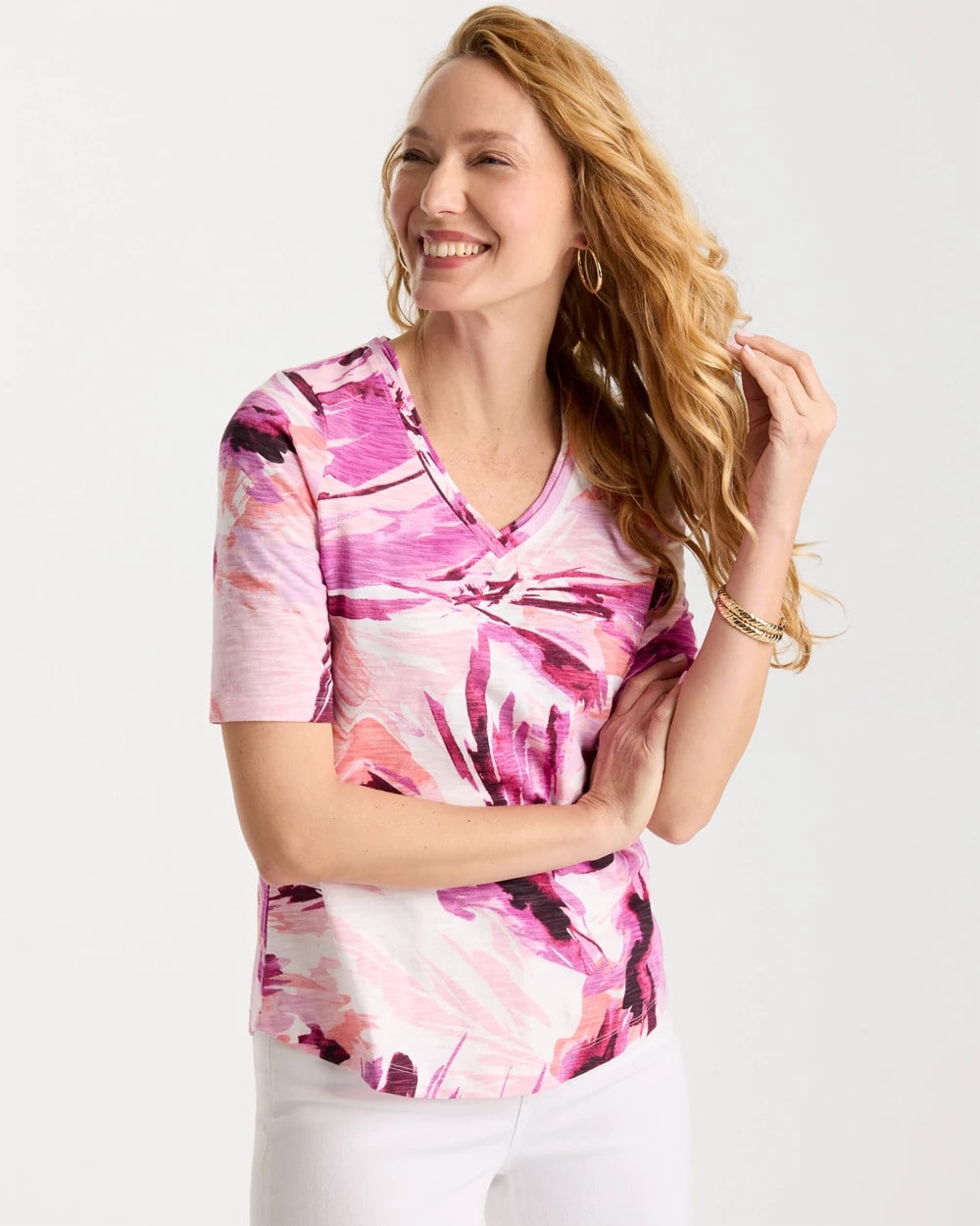 Printed Double V-Neck Slub Rib Tee Ecru - Chico's