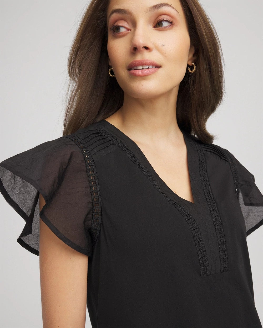Pleated-Trim Flutter-Sleeve Tee Black - Chico's