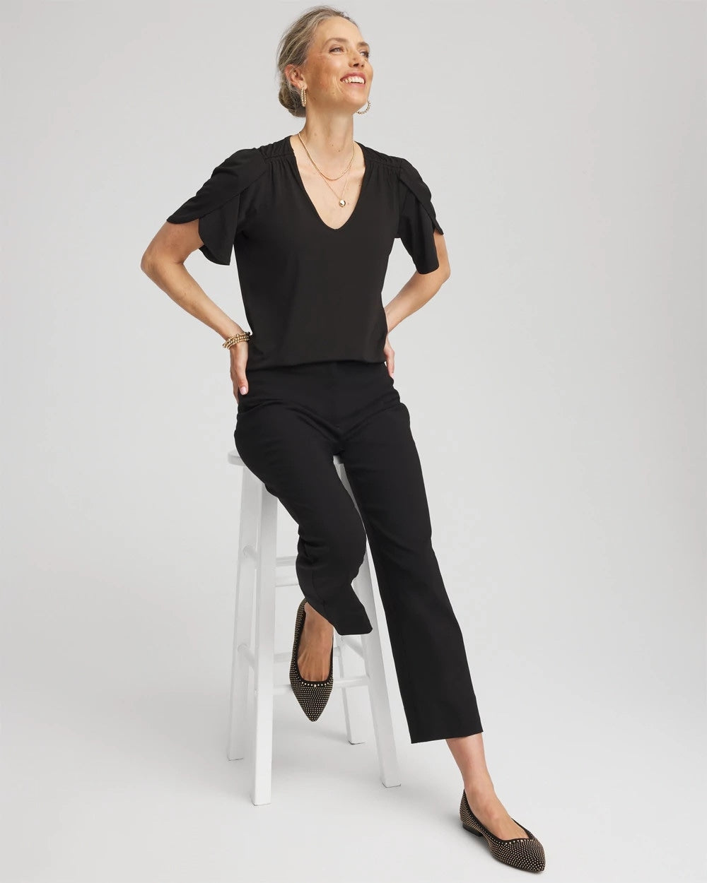 Petal-Sleeve Voop Neck Tee Black - Chico's