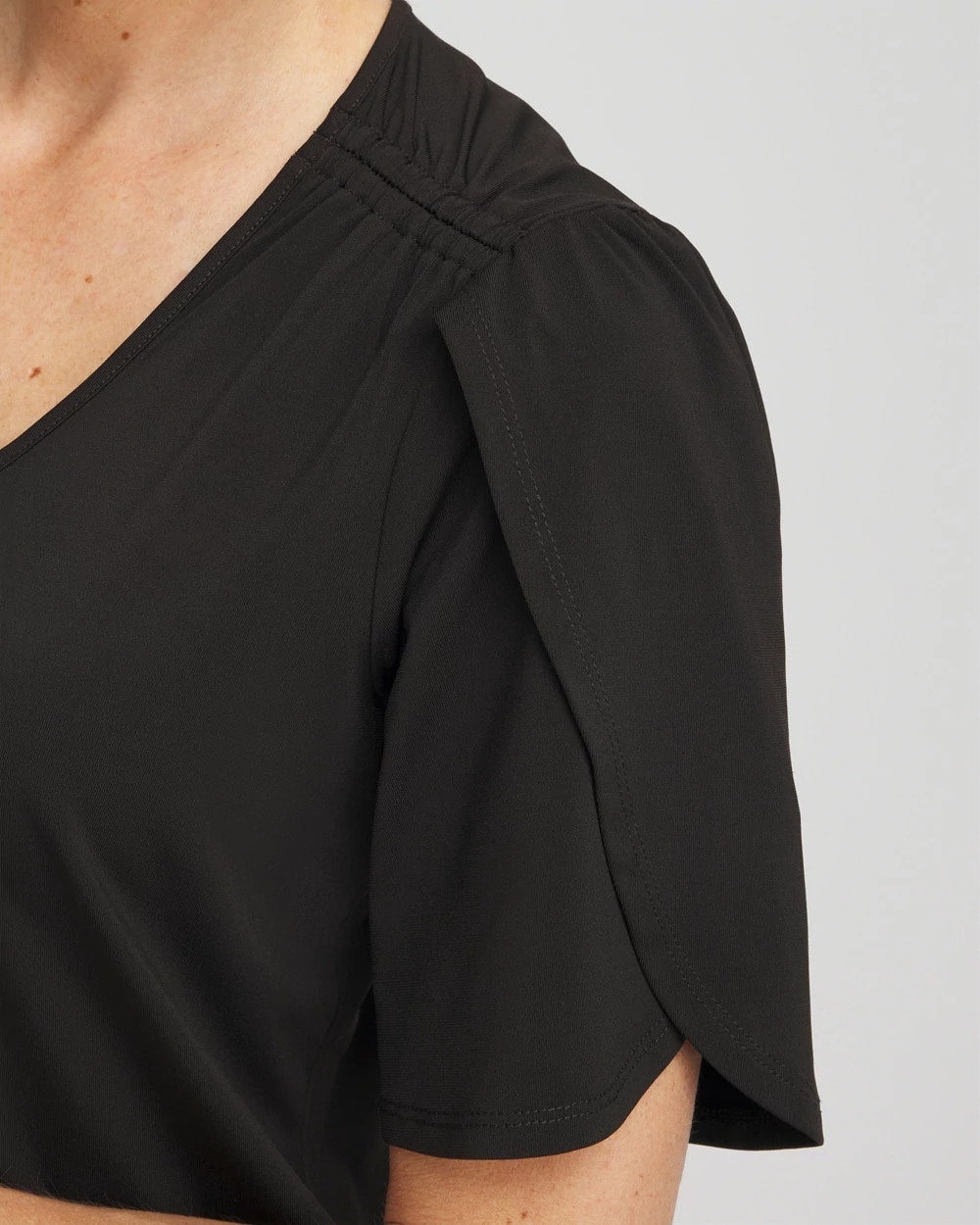 Petal-Sleeve Voop Neck Tee Black - Chico's