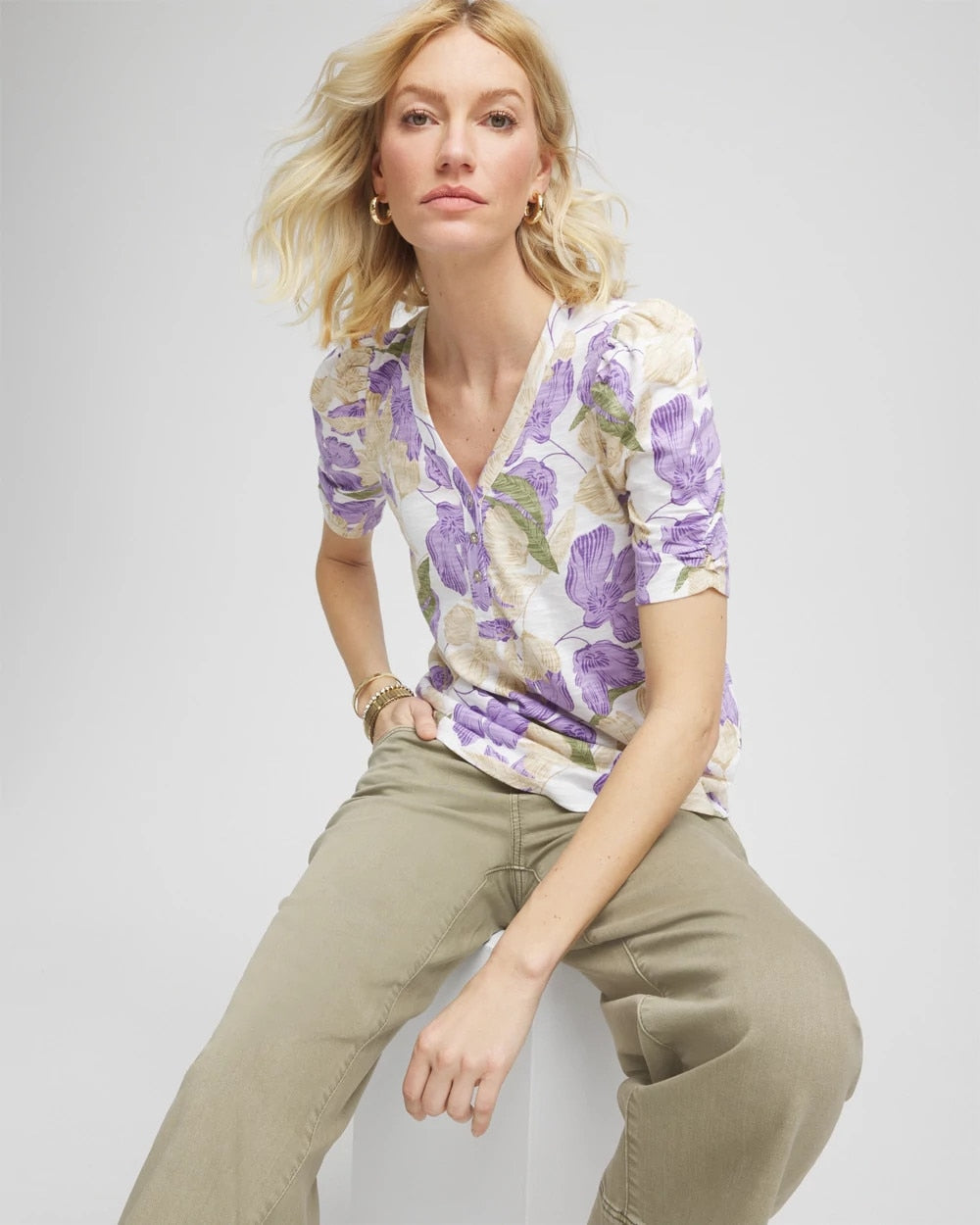 Floral Slub Henley Tee Alabaster - Chico's