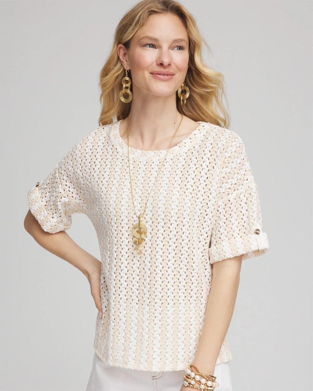 Textured Roll Cuff Tee Glistening Sand - Chico's