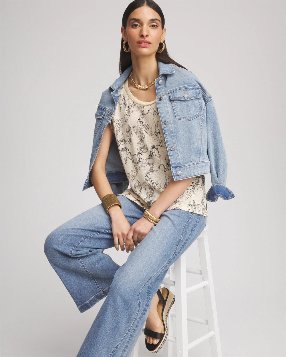 Panther Sweater-Trim Linen Tee Glistening Sand - Chico's