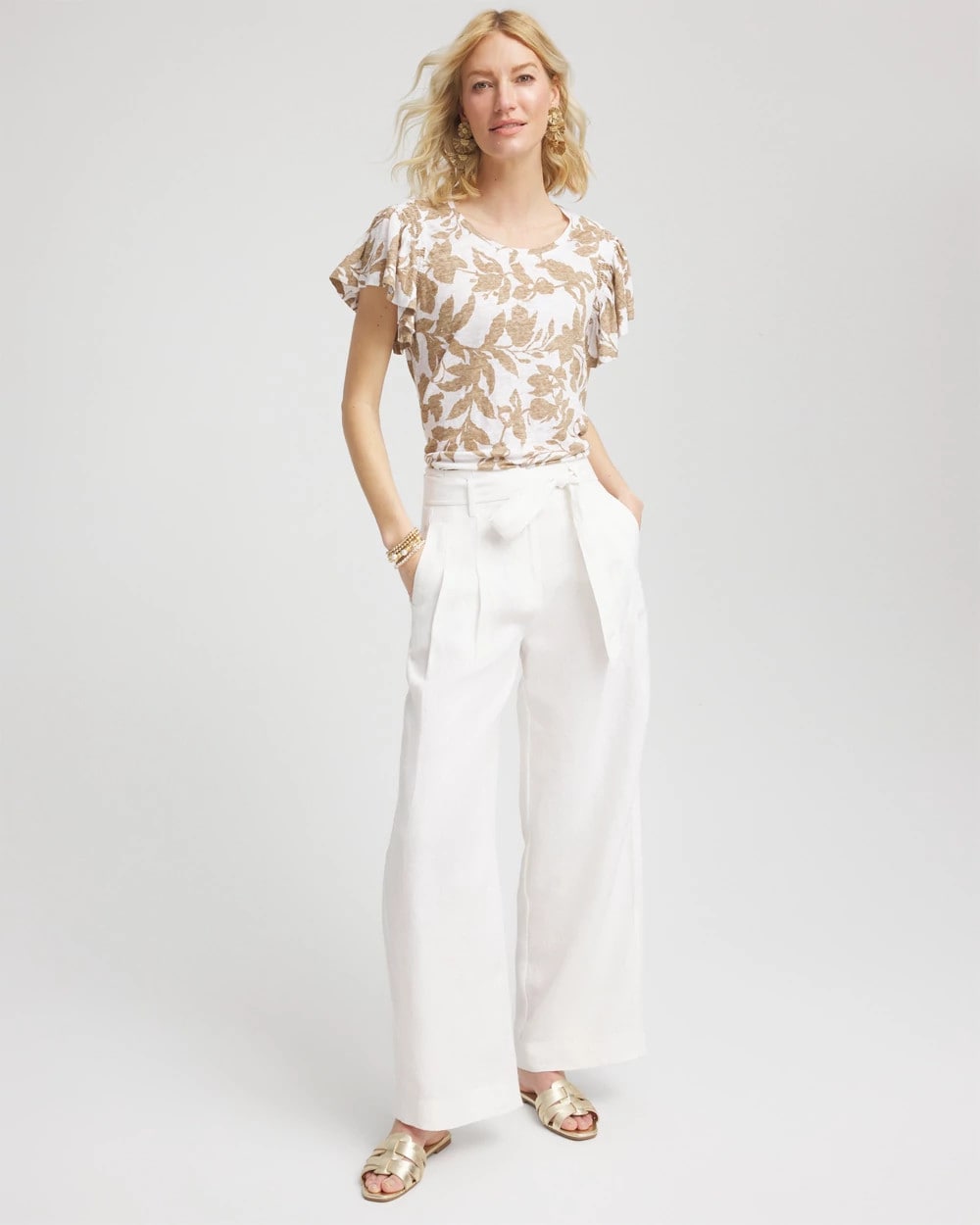 Linen Leaf Print Flutter Sleeve Tee Cafe Aroma - Chico's