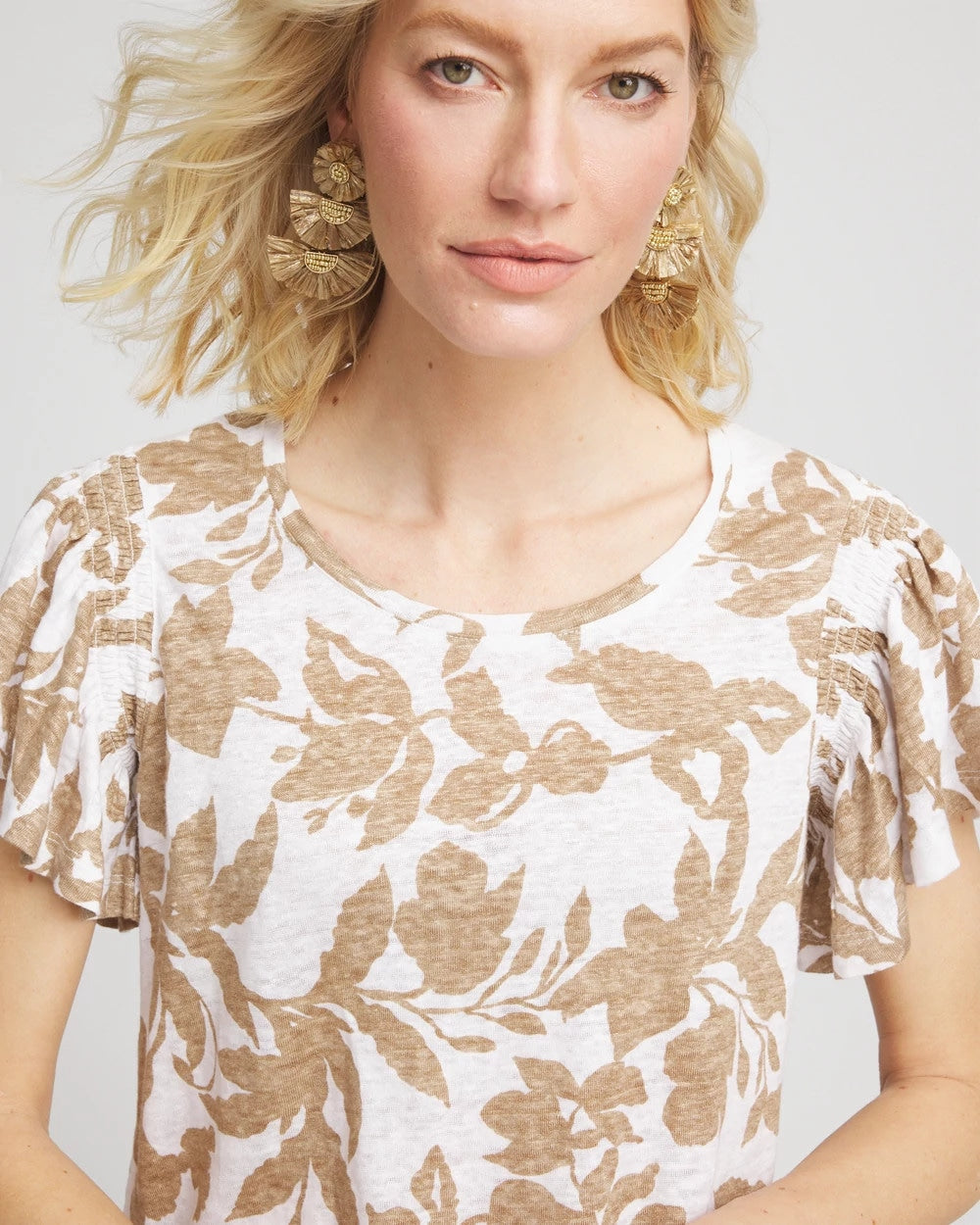 Linen Leaf Print Flutter Sleeve Tee Cafe Aroma - Chico's