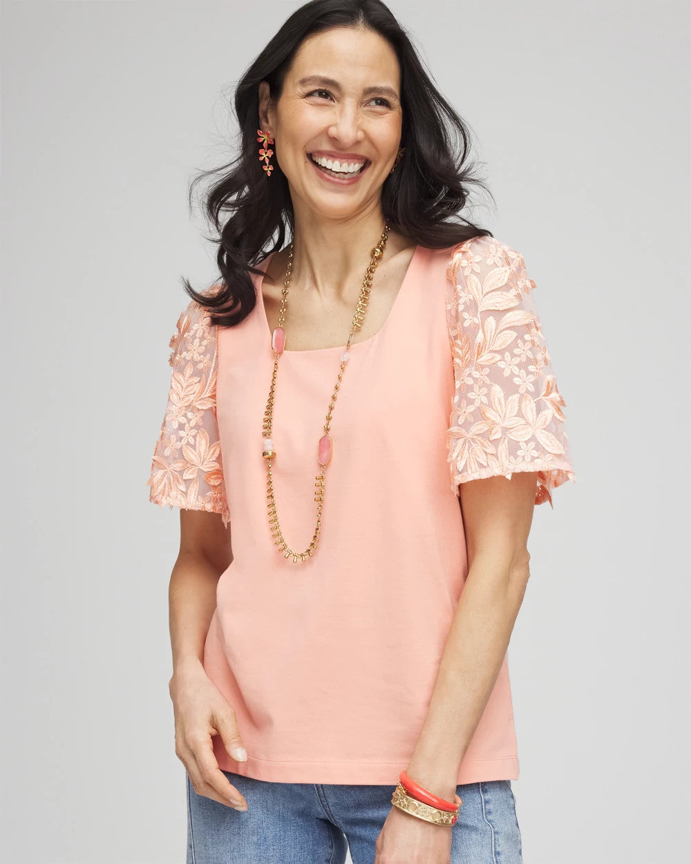 Floral Sleeved Square-Neck Tee Coral Blossom - Chico's