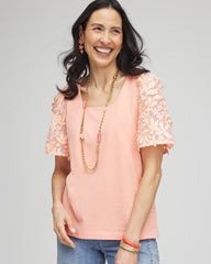 Floral Sleeved Square-Neck Tee Coral Blossom - Chico's