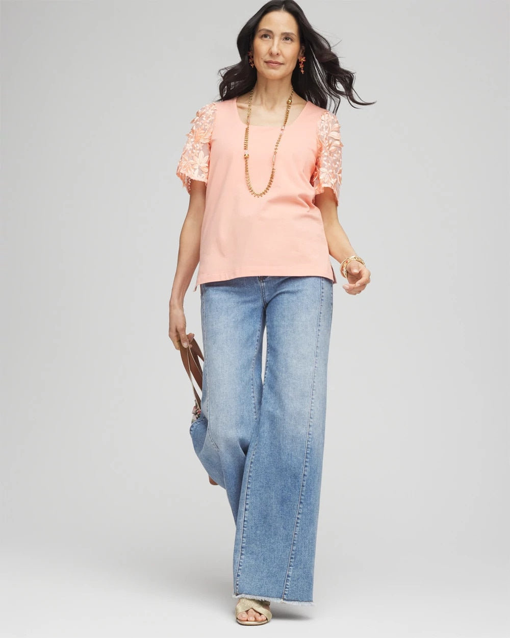 Floral Sleeved Square-Neck Tee Coral Blossom - Chico's