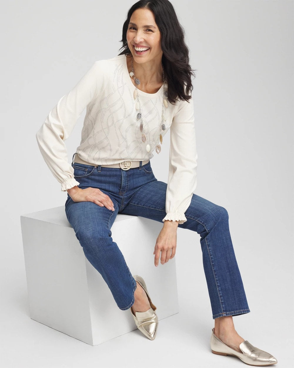 Embellished Long-sleeve Top English Cream - Chico's