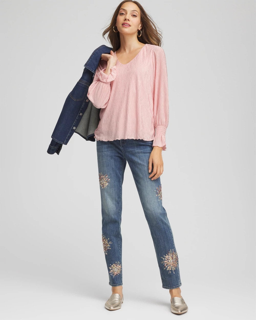 Crinkle Bodre Voop Neck Top Blushed - Chico's