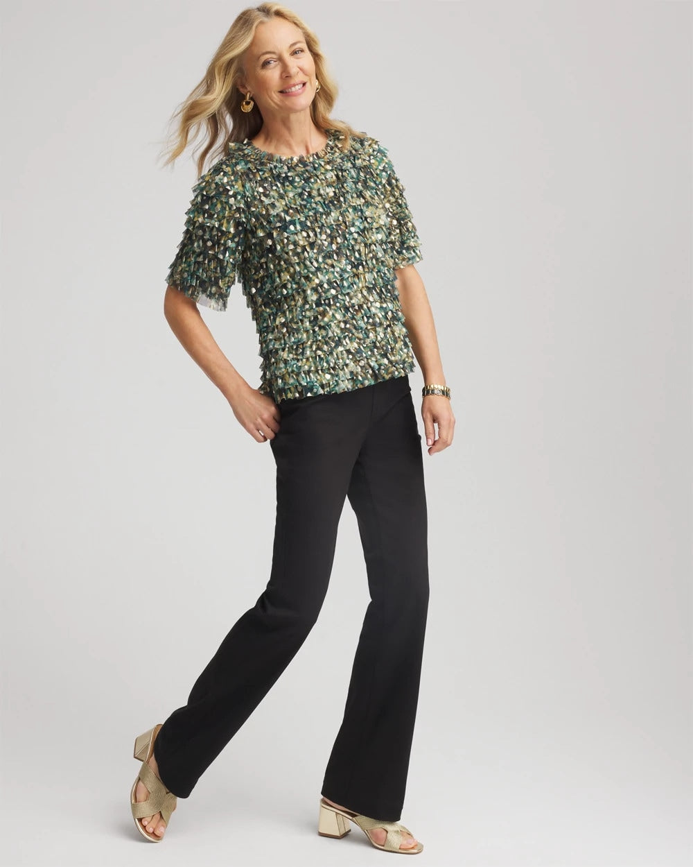 Foiled Mesh Ruffle Crop Tee Darkest Spruce - Chico's