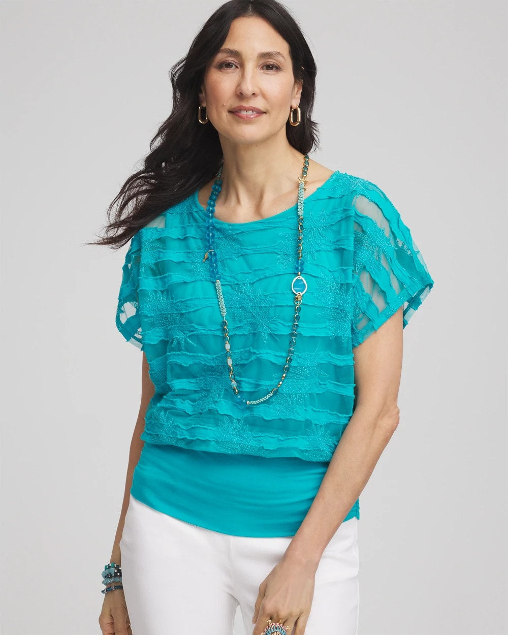 Embroidered Striped Banded Bottom Top Seaspray - Chico's