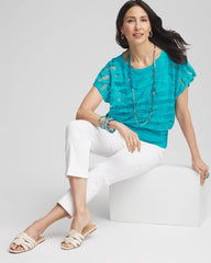 Embroidered Striped Banded Bottom Top Seaspray - Chico's