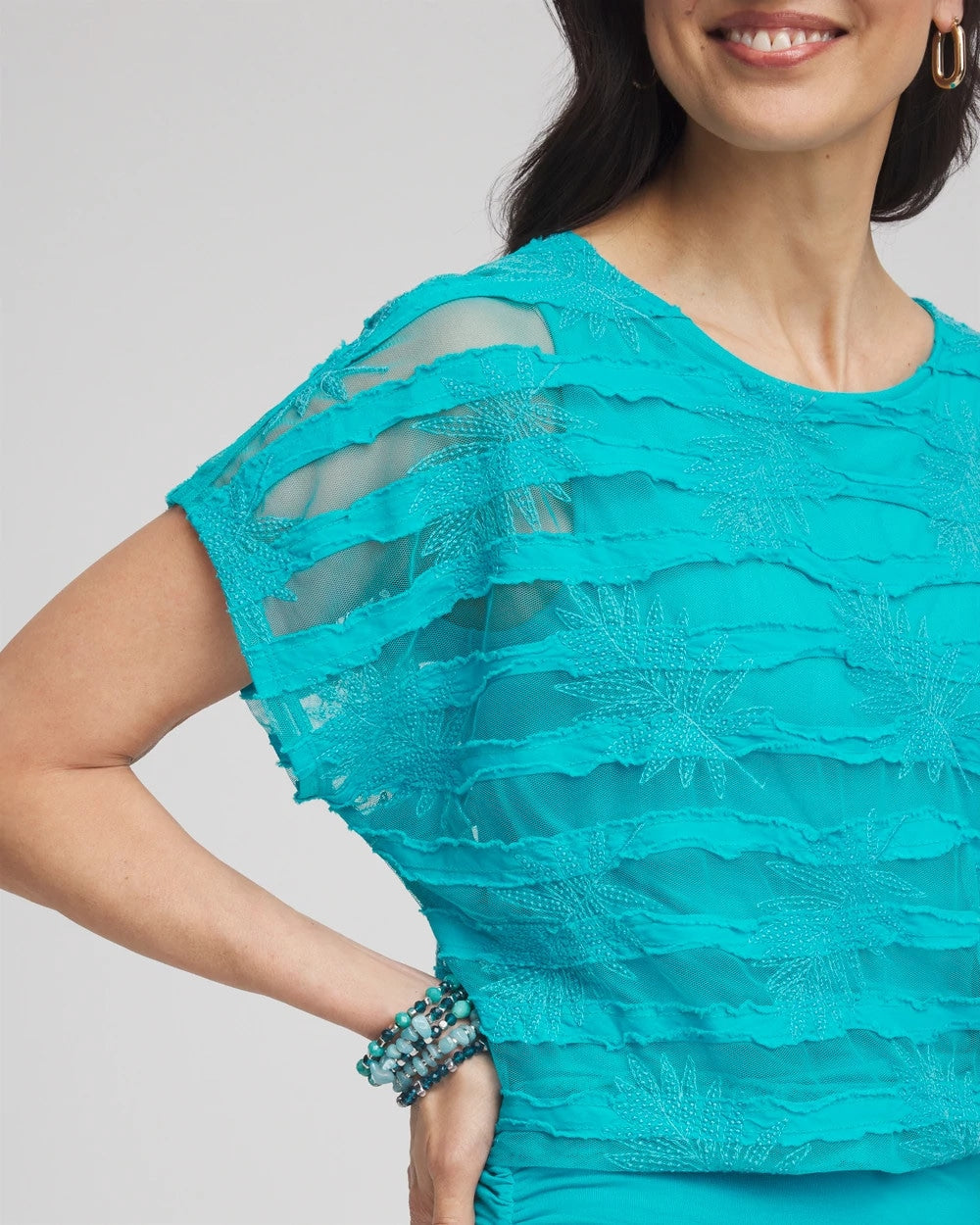 Embroidered Striped Banded Bottom Top Seaspray - Chico's