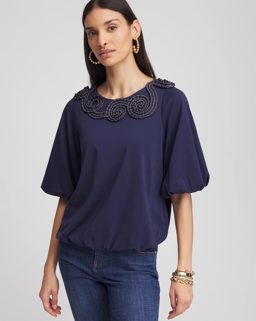 Bubble Hem Pleated Cotton Top Passport Blue - Chico's