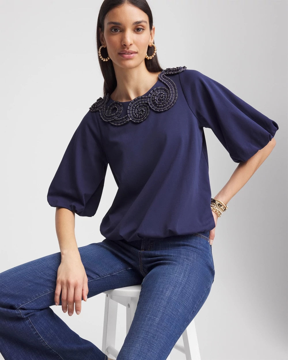 Bubble Hem Pleated Cotton Top Passport Blue - Chico's