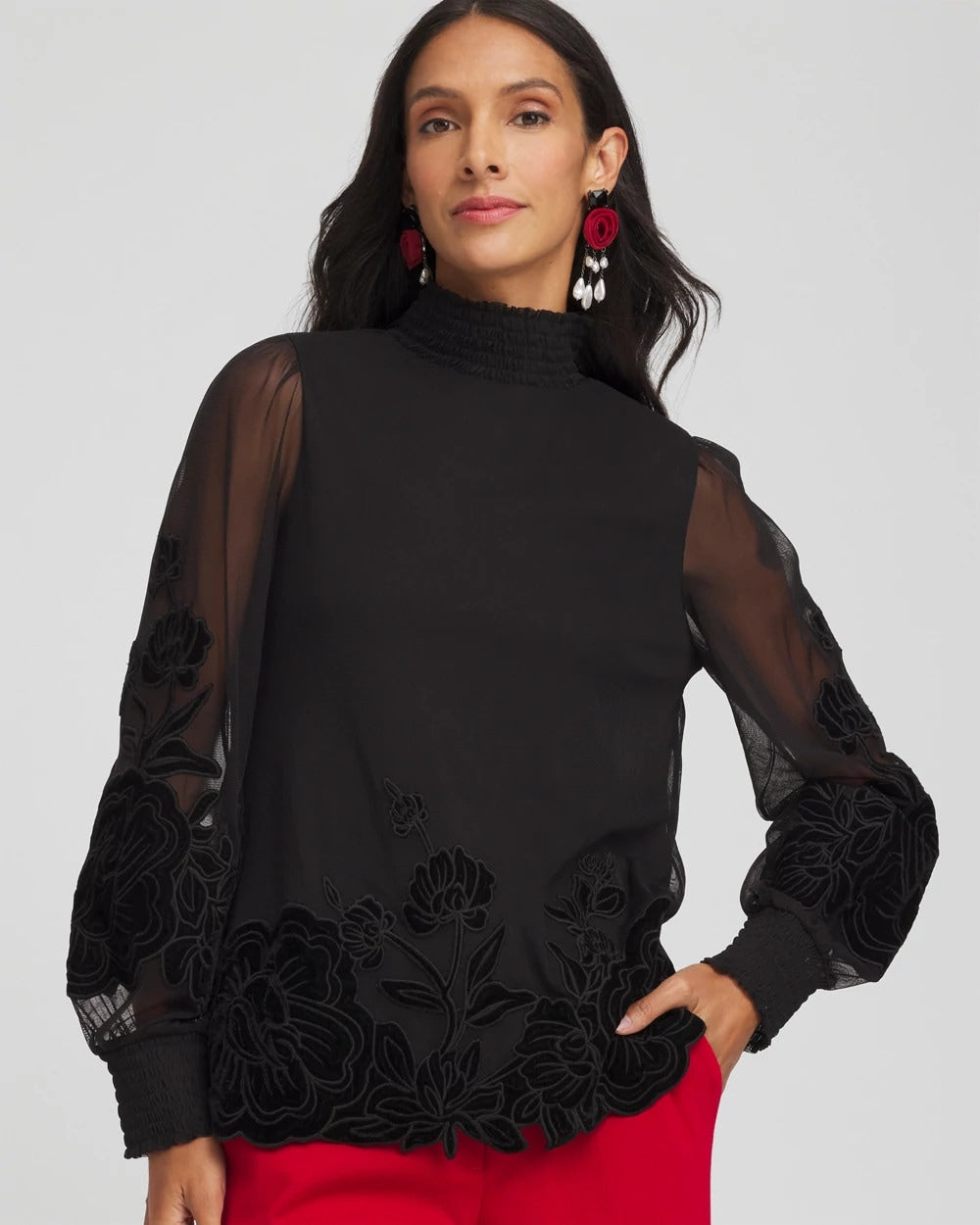 Sheer Mesh Velvet Appliqué Top Black - Chico's