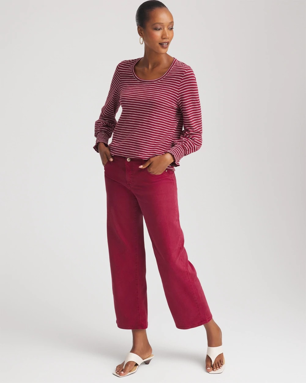 Smocked-Sleeve Cotton-Slub Tee Russet Red - Chico's