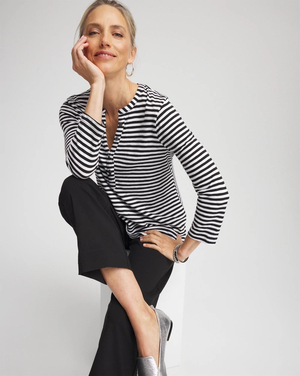 Striped Slub Splitneck Henley Tee Black - Chico's