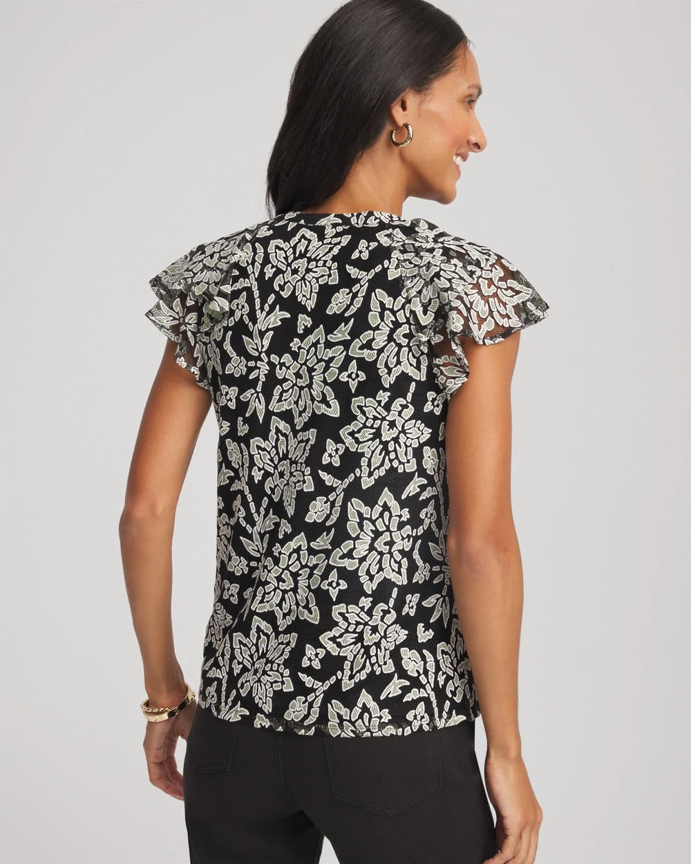 Lace Floral-Burnout Henley Tee Black - Chico's
