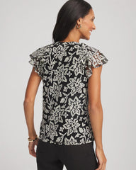 Lace Floral-Burnout Henley Tee Black - Chico's