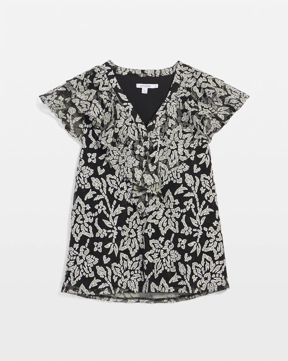 Lace Floral-Burnout Henley Tee Black - Chico's