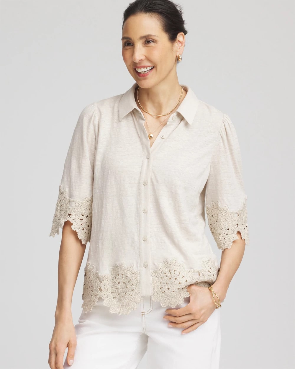 Crochet Trim Linen Shirt River Rock - Chico's