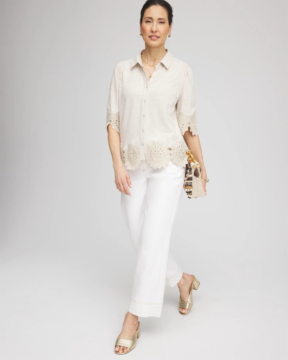 Crochet Trim Linen Shirt River Rock - Chico's