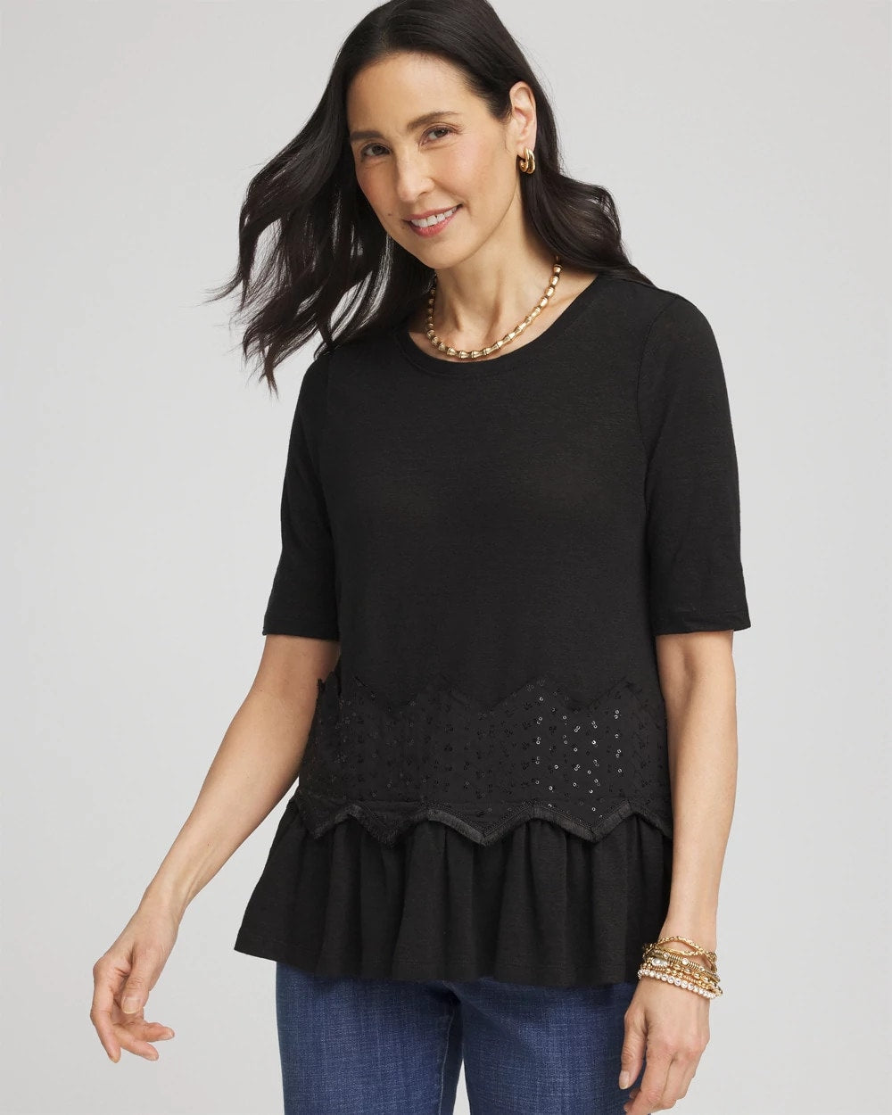 Chevron Sequin Peplum Linen Tee Black - Chico's