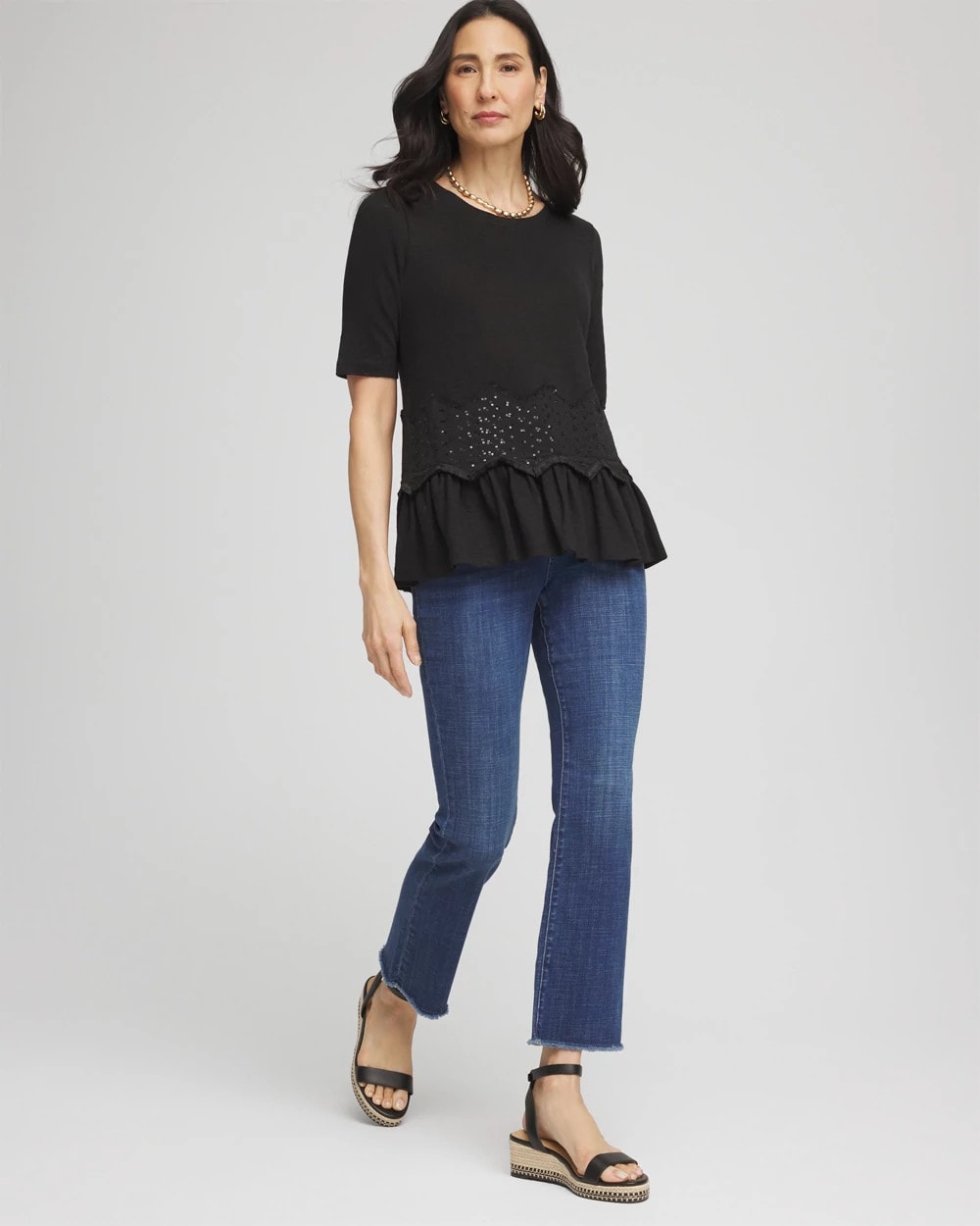 Chevron Sequin Peplum Linen Tee Black - Chico's