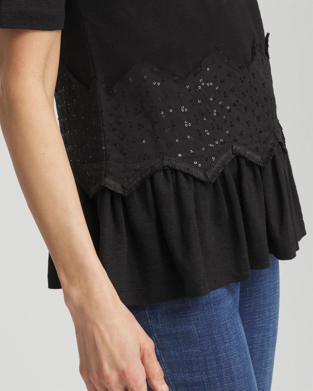 Chevron Sequin Peplum Linen Tee Black - Chico's