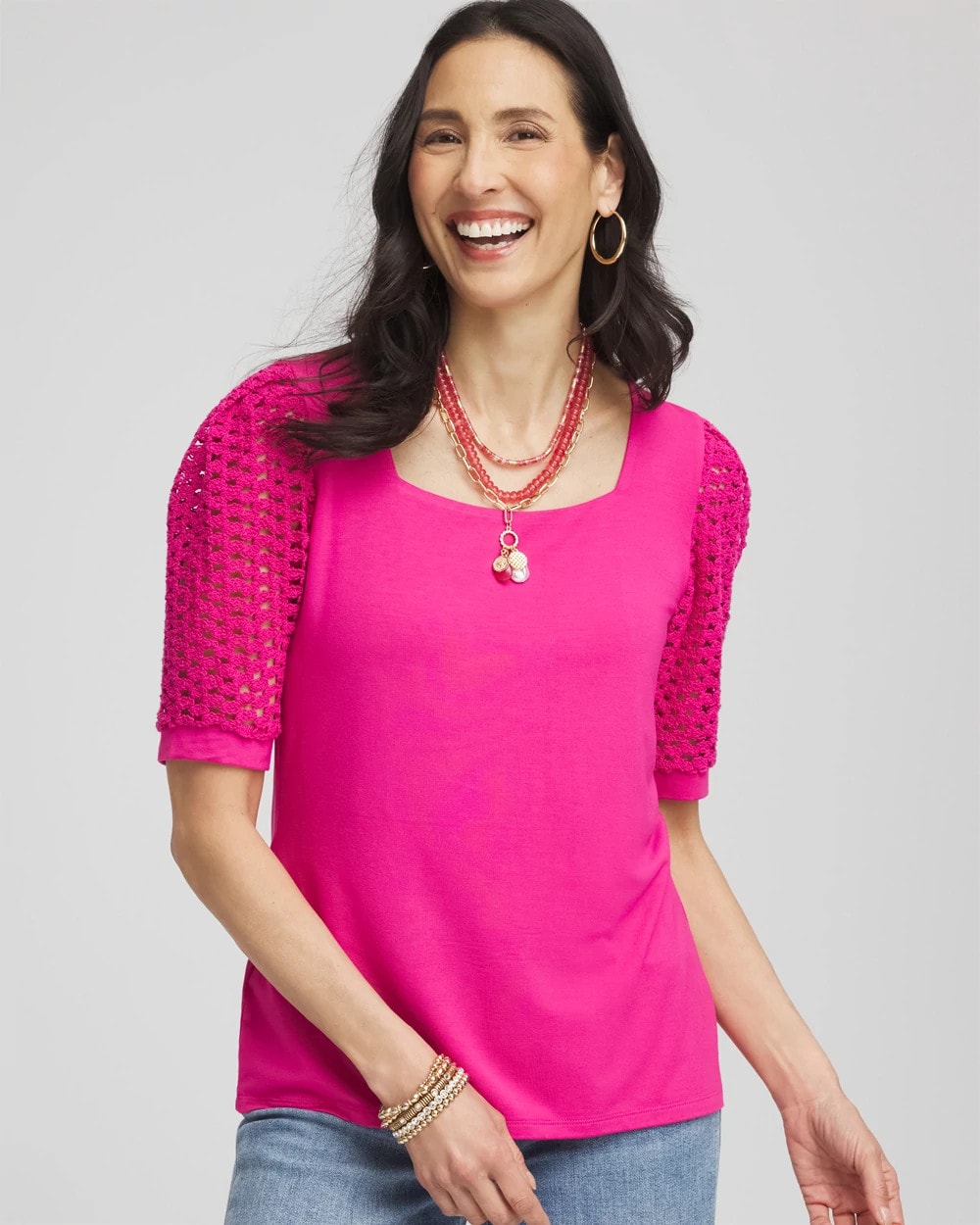 Touch of Cool™ Crochet Lace Square-Neck Tee Crushed Berries - Chico's