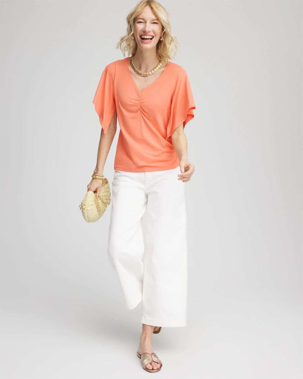 Touch of Cool™ Handkerchief-Sleeve V-Neck Tee Sunset Peach - Chico's