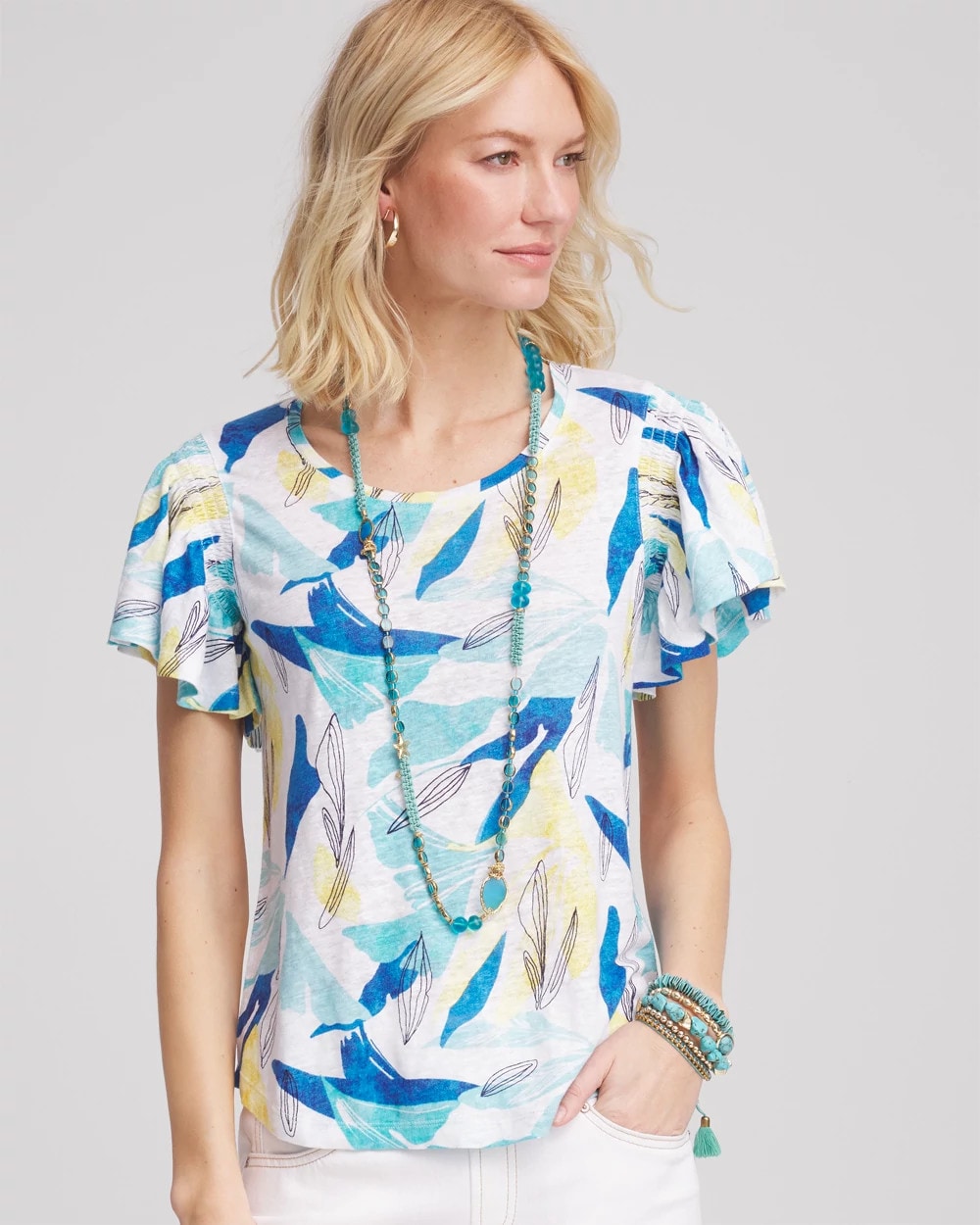Linen Smocked Flutter-Sleeved Tee Alabaster - Chico's