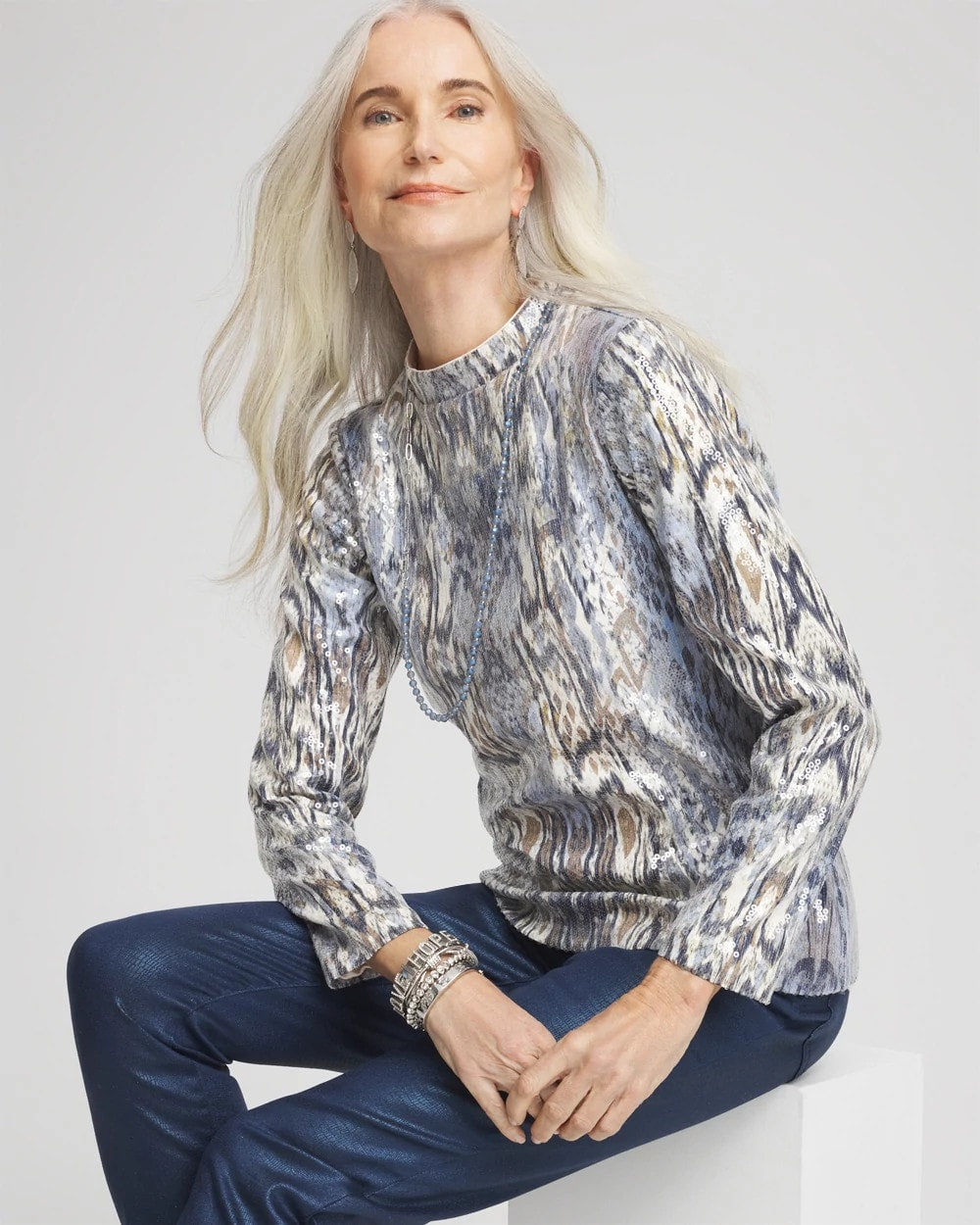 Sequin Reptile Funnel Neck tee Classic Navy - Chico's