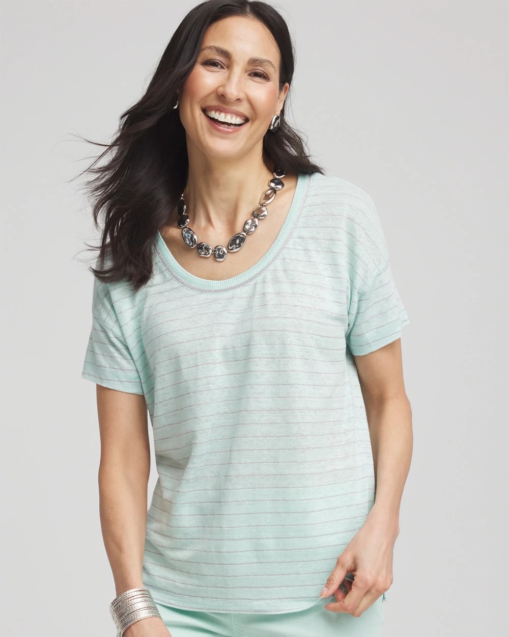 Striped Sweater-Trim Linen Tee Teal Waters - Chico's