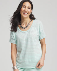 Striped Sweater-Trim Linen Tee Teal Waters - Chico's