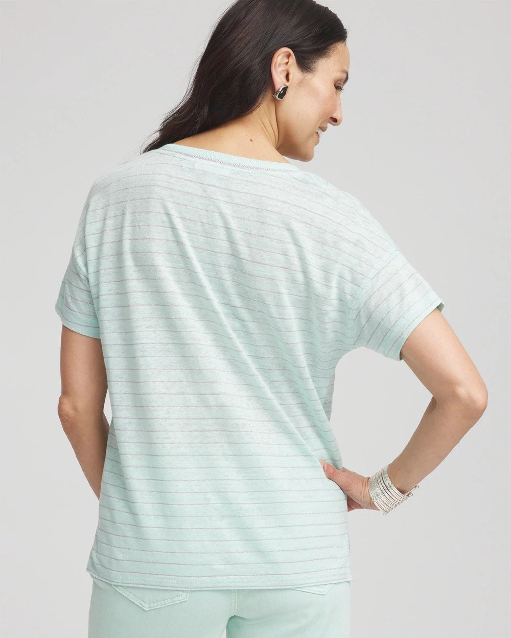 Striped Sweater-Trim Linen Tee Teal Waters - Chico's