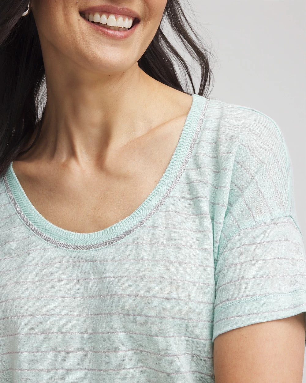Striped Sweater-Trim Linen Tee Teal Waters - Chico's