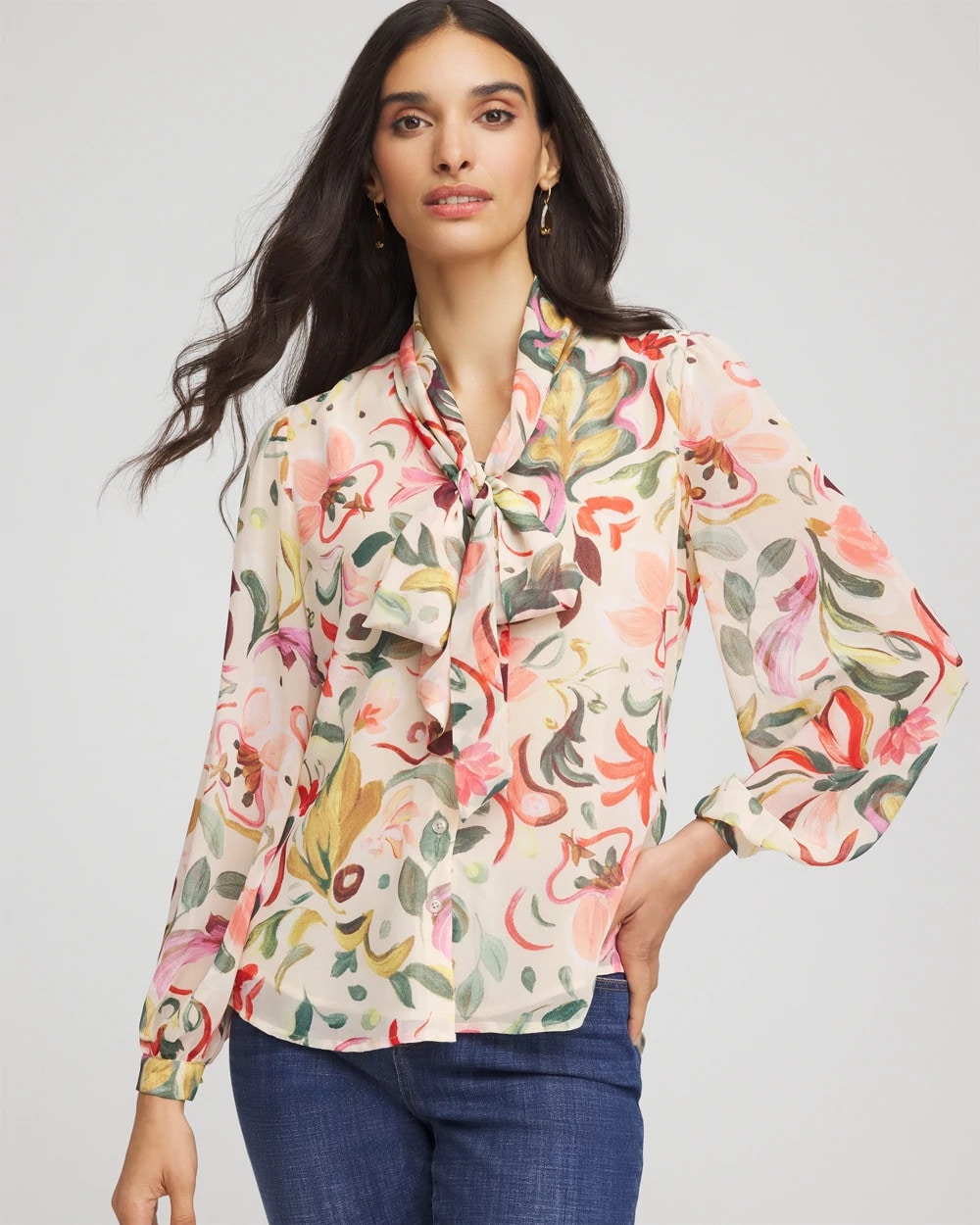 Floral Jacquard Tie-Front Blouse Cashew - Chico's