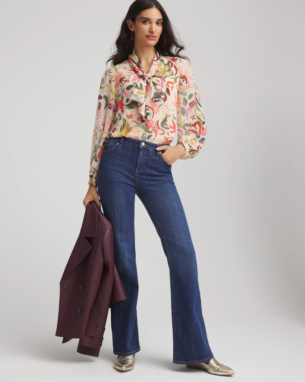 Floral Jacquard Tie-Front Blouse Cashew - Chico's