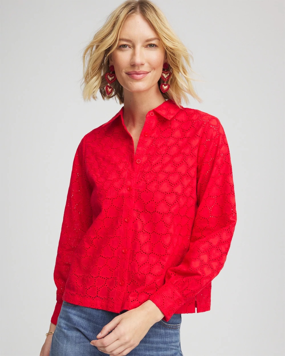 Heart Eyelet Button Down Shirt Love Letter Red - Chico's